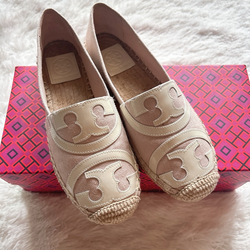 🆕 NIB Tory Burch Poppy Espadrille Canvas Shell Pink Ivory Sz 6